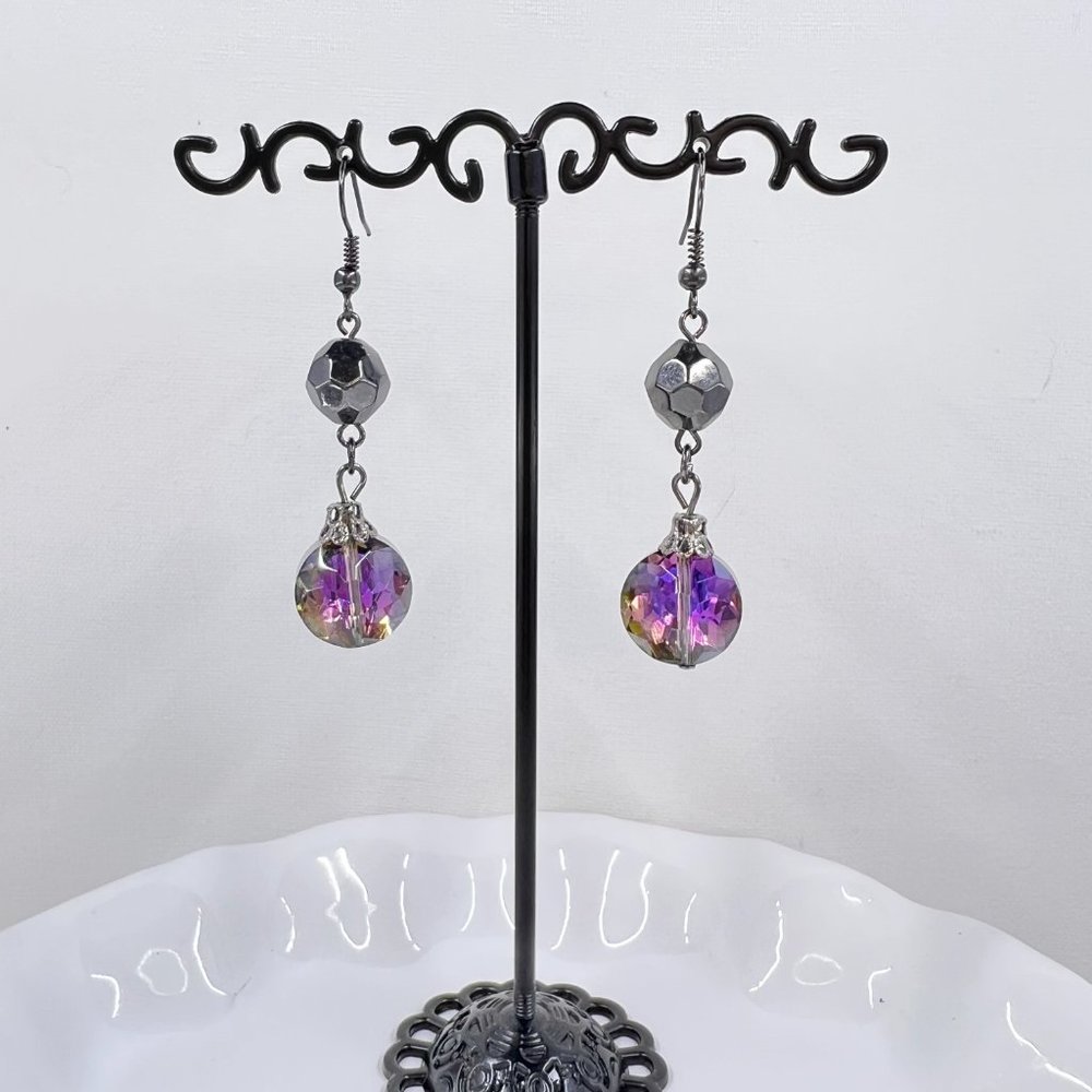 New / Handcrafted - Iridescent Faceted Crystal Drop Black Tone Fishhook Earrings - Picture 3 of 7